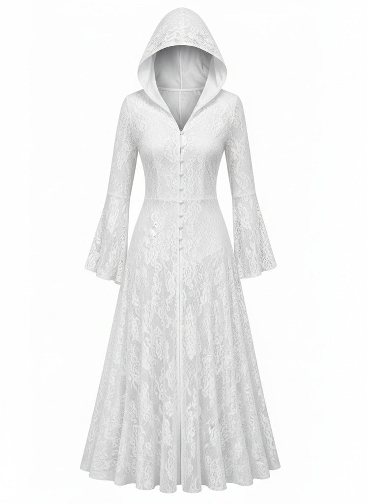 Schwarzes 80er Gothic Kapuzen-Maxikleid mit Spitze und Glockenärmeln