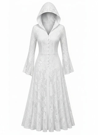 Schwarzes 80er Gothic Kapuzen-Maxikleid mit Spitze und Glockenärmeln