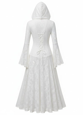 Schwarzes 80er Gothic Kapuzen-Maxikleid mit Spitze und Glockenärmeln