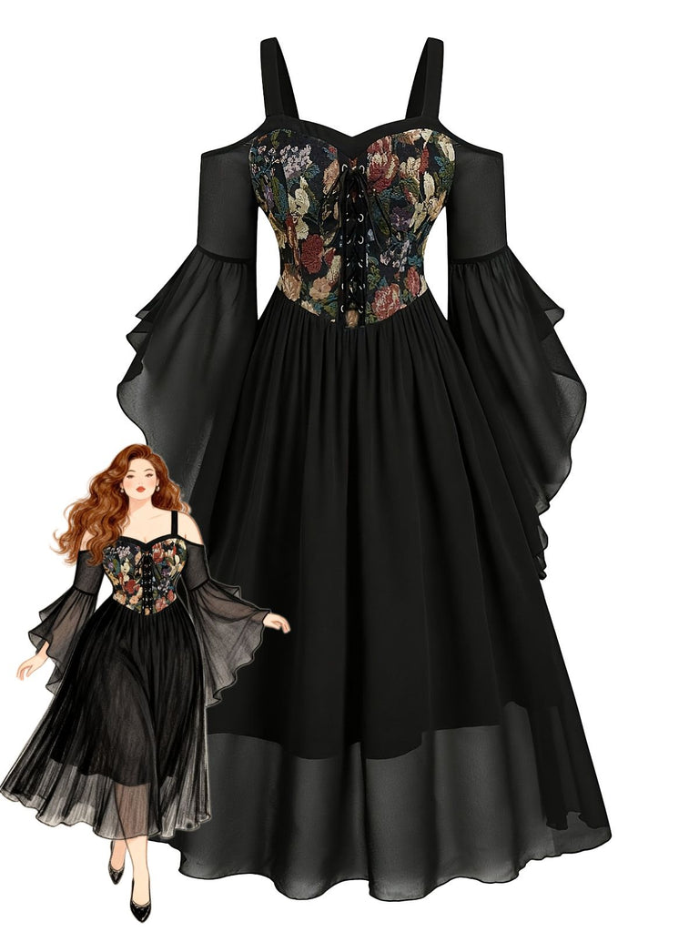 [Übergröße] 80er Cold-Shoulder Netzkleid mit Blumen und Glockenärmel