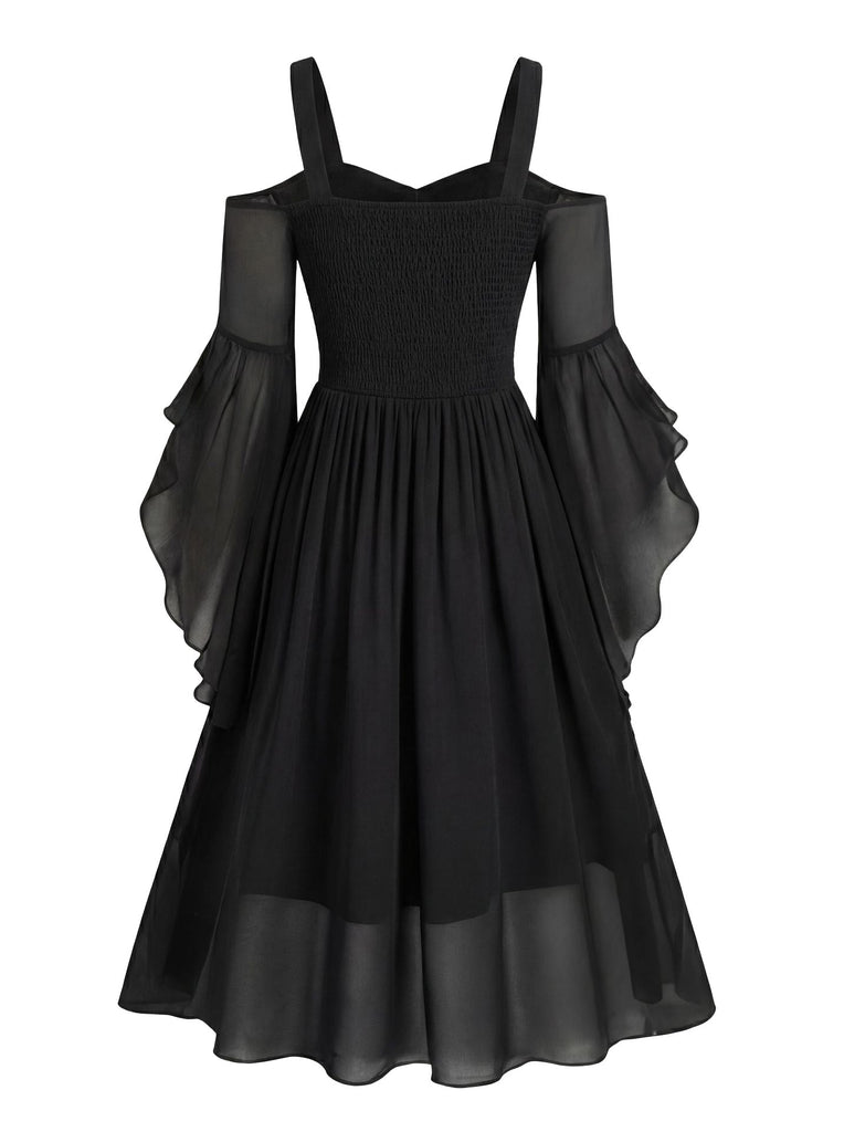 [Übergröße] 80er Cold-Shoulder Netzkleid mit Blumen und Glockenärmel