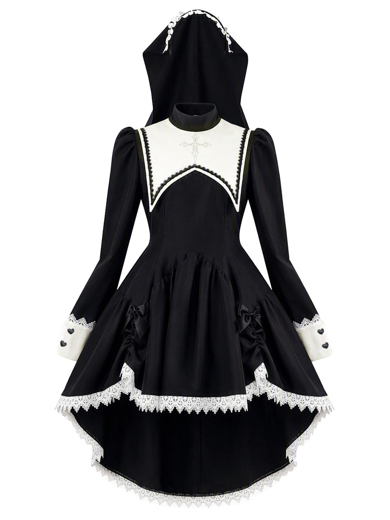 Schwarzes 80er Halloween Kleid mit Schleife und Spitze
