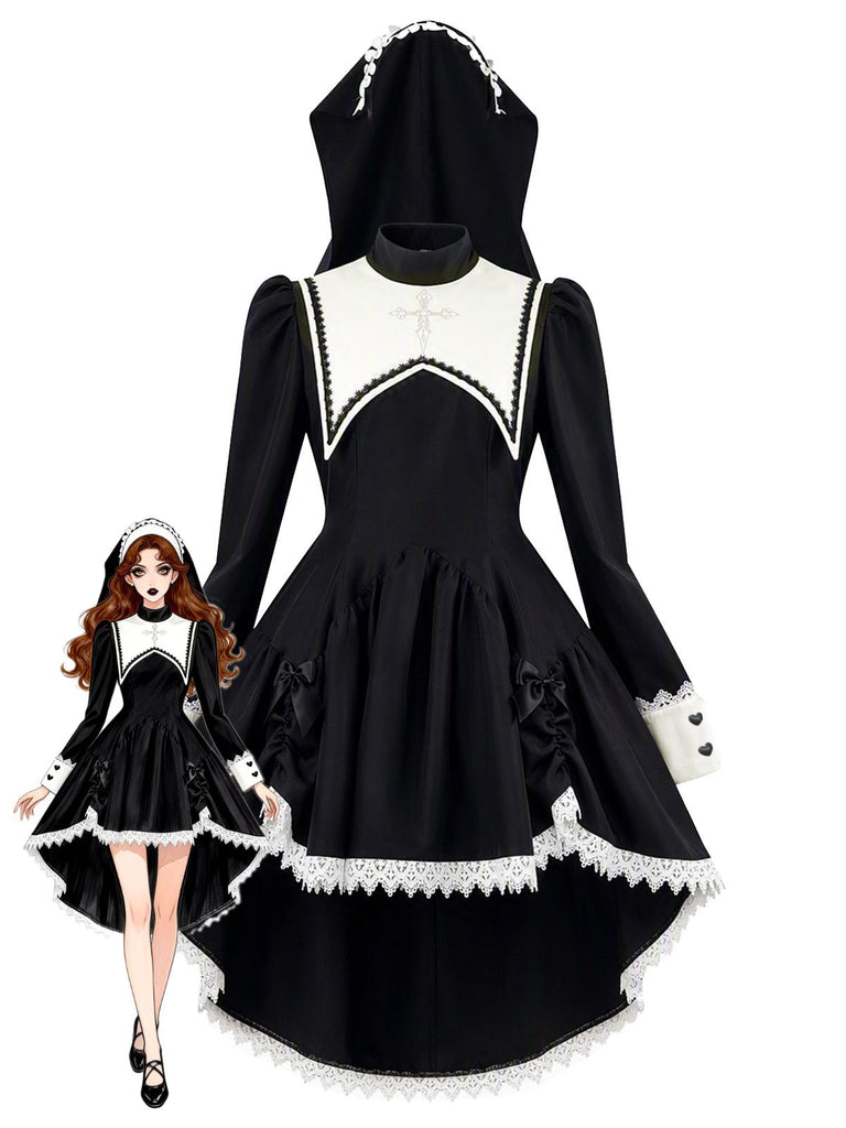 Schwarzes 80er Halloween Kleid mit Schleife und Spitze