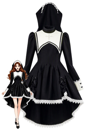 Schwarzes 80er Halloween Kleid mit Schleife und Spitze