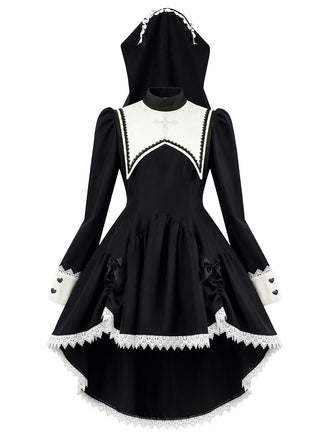 Schwarzes 80er Halloween Kleid mit Schleife und Spitze