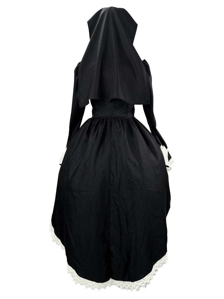 Schwarzes 80er Halloween Kleid mit Schleife und Spitze