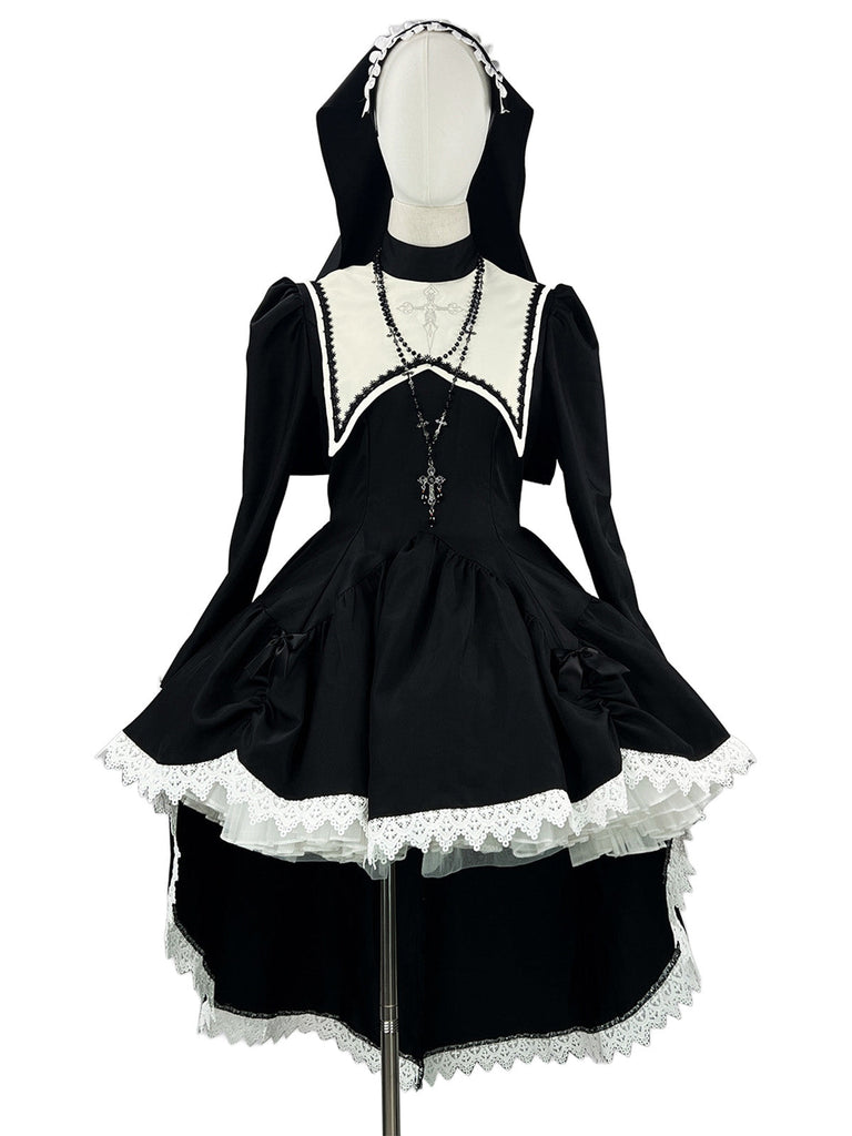 Schwarzes 80er Halloween Kleid mit Schleife und Spitze