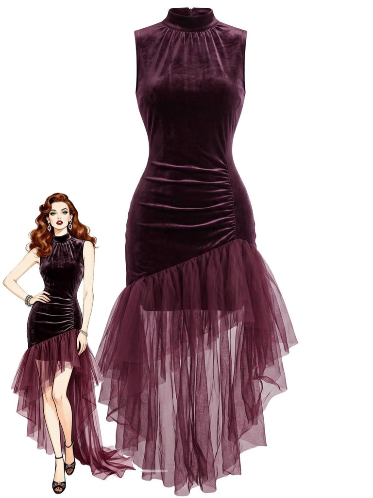 30er Samt-Maxikleid mit asymmetrischem Tüll und Raffung