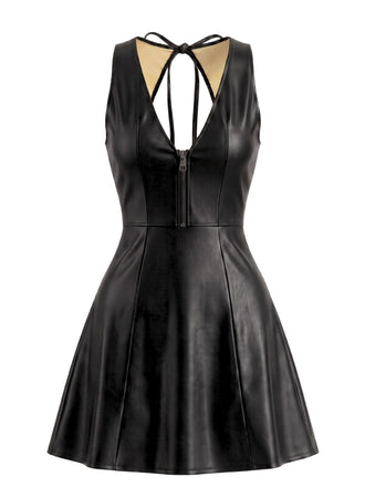 Schwarzes 60er Lederkleid mit V-Ausschnitt und Cut-out-Rücken