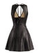 Schwarzes 60er Lederkleid mit V-Ausschnitt und Cut-out-Rücken