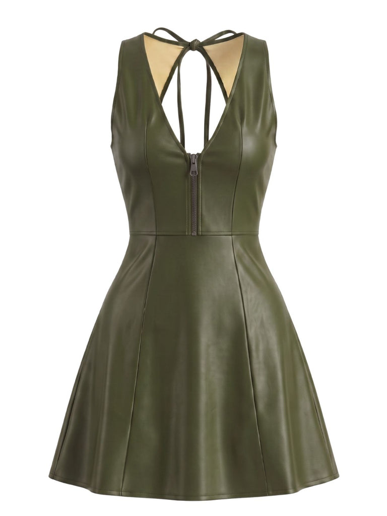 Schwarzes 60er Lederkleid mit V-Ausschnitt und Cut-out-Rücken
