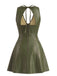 Schwarzes 60er Lederkleid mit V-Ausschnitt und Cut-out-Rücken