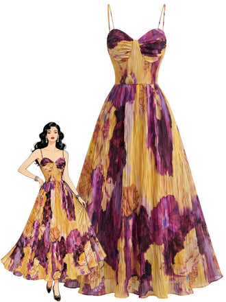 Gelbes & Lila 70er Maxikleid mit Blumen und Plissee