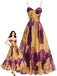 Gelbes & Lila 70er Maxikleid mit Blumen und Plissee