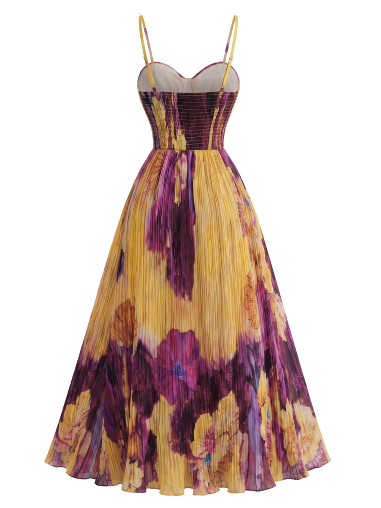 Gelbes & Lila 70er Maxikleid mit Blumen und Plissee
