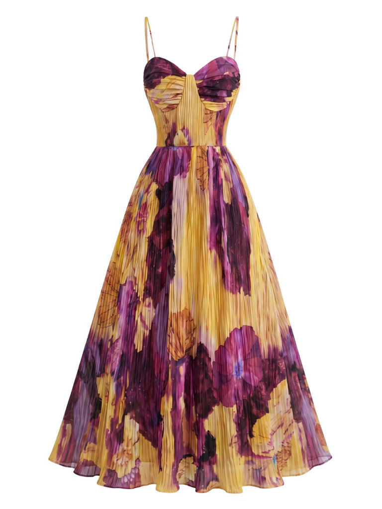 Gelbes & Lila 70er Maxikleid mit Blumen und Plissee