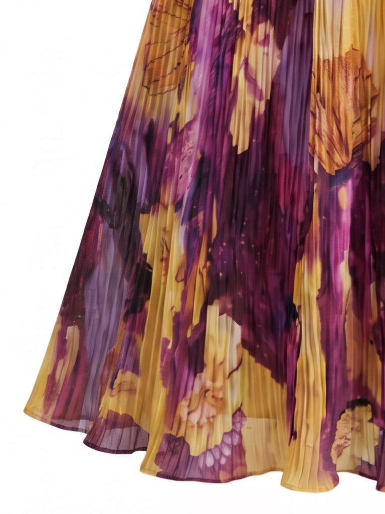 Gelbes & Lila 70er Maxikleid mit Blumen und Plissee