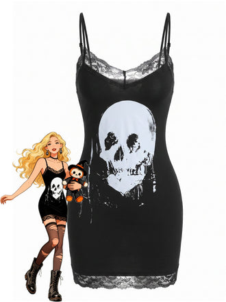 Schwarzes 60er Gothic-Camikleid mit Totenkopf-Print und Spitze