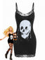 Schwarzes 60er Gothic-Camikleid mit Totenkopf-Print und Spitze