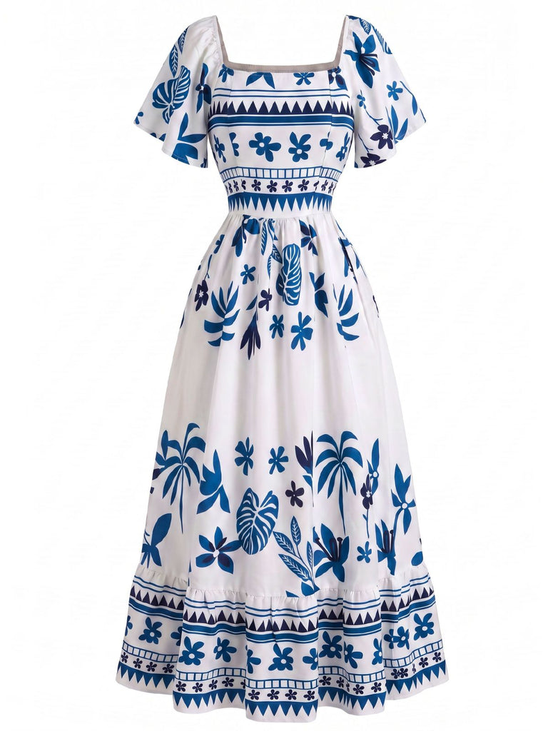 70er Boho Kleid mit Flatterärmel und Eckiger Ausschnitt