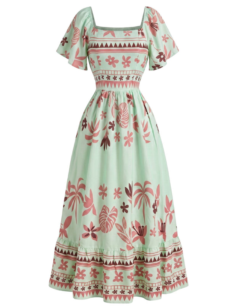 70er Boho Kleid mit Flatterärmel und Eckiger Ausschnitt