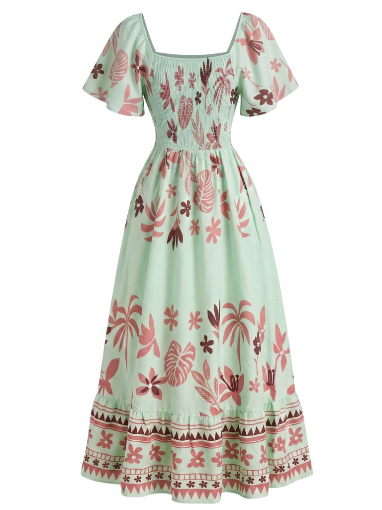 70er Boho Kleid mit Flatterärmel und Eckiger Ausschnitt