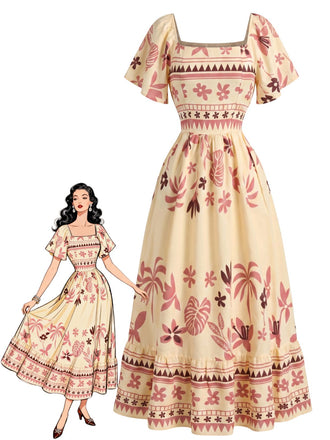70er Boho Kleid mit Flatterärmel und Eckiger Ausschnitt