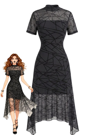 Schwarzes 40er Gothic Kleid mit Spinnennetz und Mesh-Patchwork