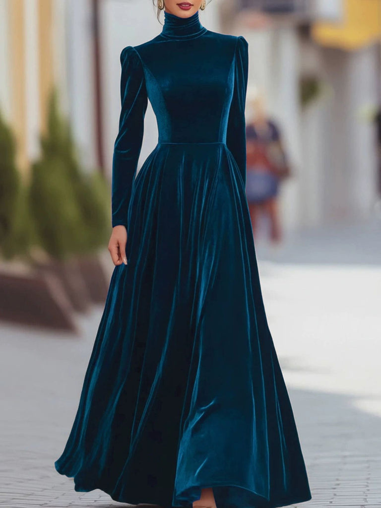 40er Langarm-Samtkleid mit Rollkragen