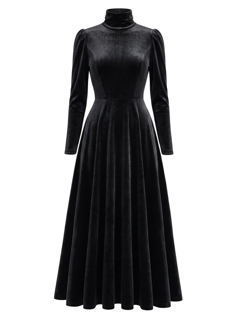 40er Langarm-Samtkleid mit Rollkragen