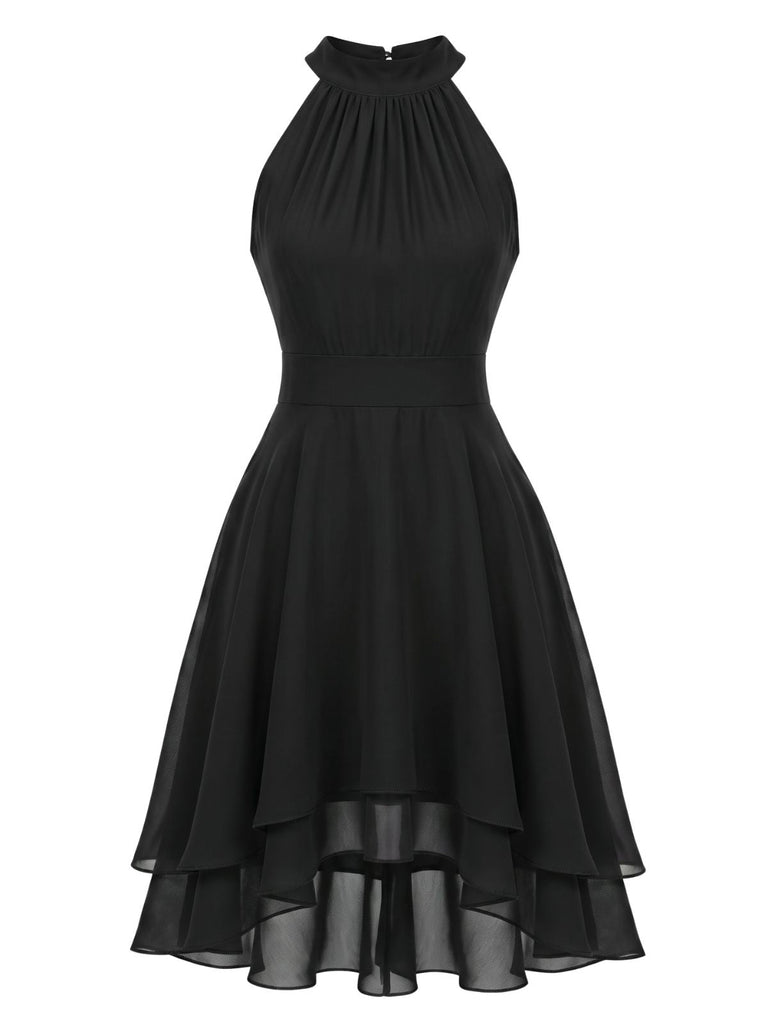 40er Ärmelloses Chiffon-Kleid mit Neckholder und Rüschen