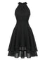 Schwarzes 40er Chiffon-Neckholderkleid mit asymmetrischem Rüschensaum
