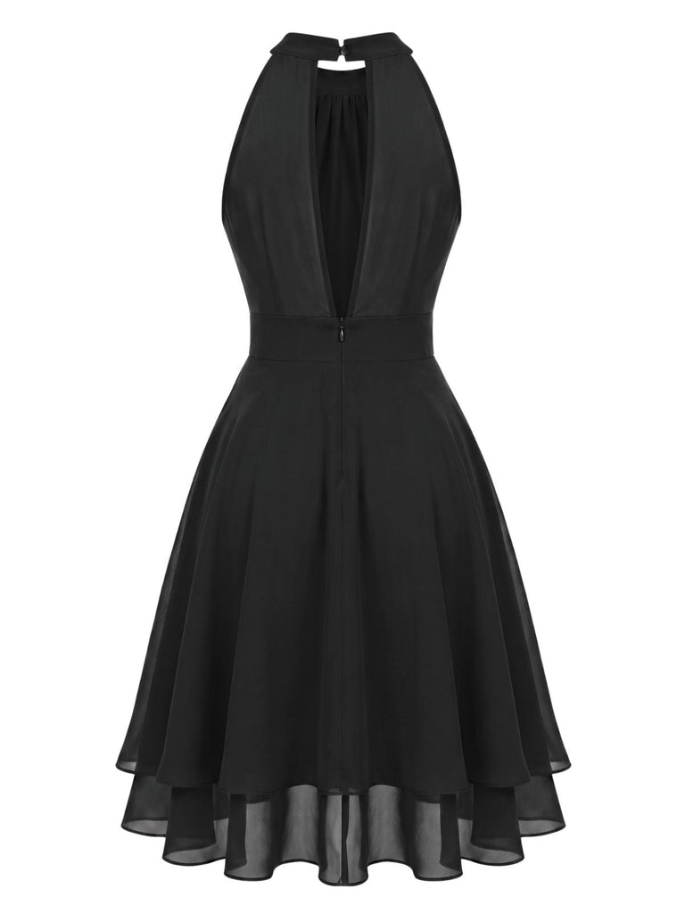 40er Ärmelloses Chiffon-Kleid mit Neckholder und Rüschen