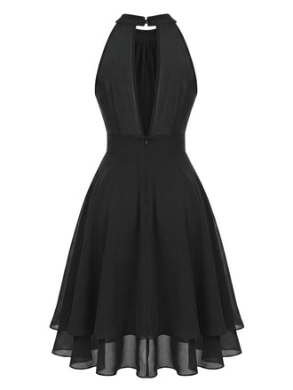 40er Ärmelloses Chiffon-Kleid mit Neckholder und Rüschen