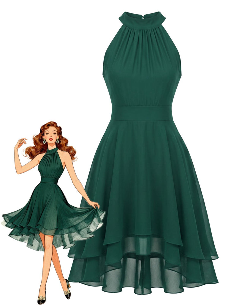 40er Ärmelloses Chiffon-Kleid mit Neckholder und Rüschen