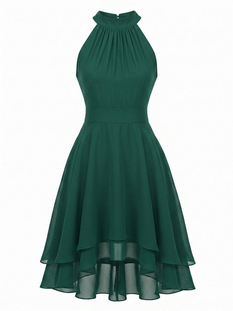 40er Ärmelloses Chiffon-Kleid mit Neckholder und Rüschen