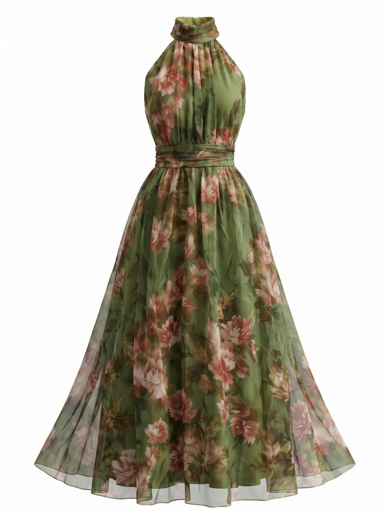 40er Maxikleid mit Neckholder und Blumen