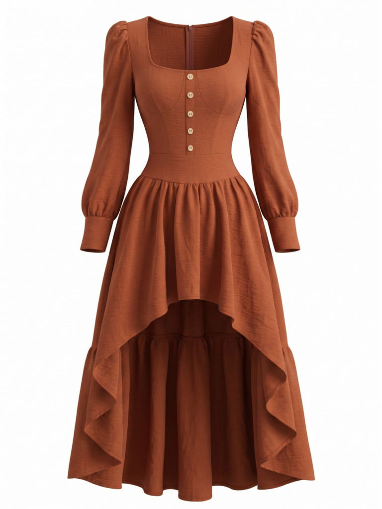 Braunes 70er Kleid mit Eckiger Ausschnitt und High-Low