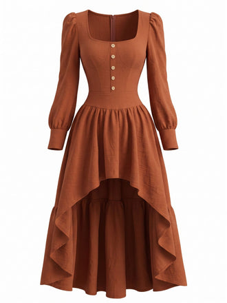 Braunes 70er Kleid mit Eckiger Ausschnitt und High-Low