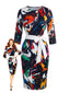 Mehrfarbiges 60er Bleistiftkleid mit abstraktem Print und Gürtel