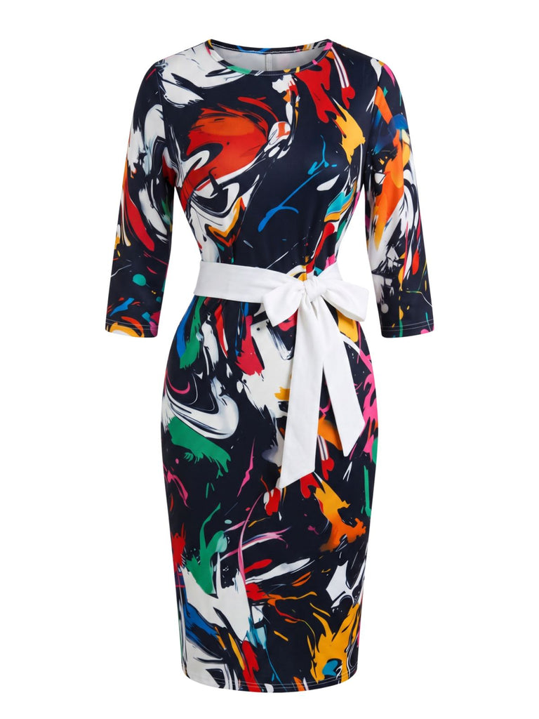 Mehrfarbiges 60er Bleistiftkleid mit abstraktem Print und Gürtel