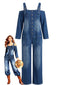 40er Denim-Jumpsuit mit Carmen-Ausschnitt und Taschen