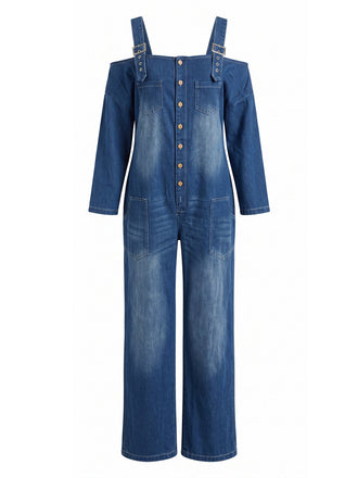 Blauer 40er Denim-Jumpsuit mit Carmen-Ausschnitt und Taschen