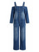 Blauer 40er Denim-Jumpsuit mit Carmen-Ausschnitt und Taschen