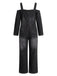 Blauer 40er Denim-Jumpsuit mit Carmen-Ausschnitt und Taschen
