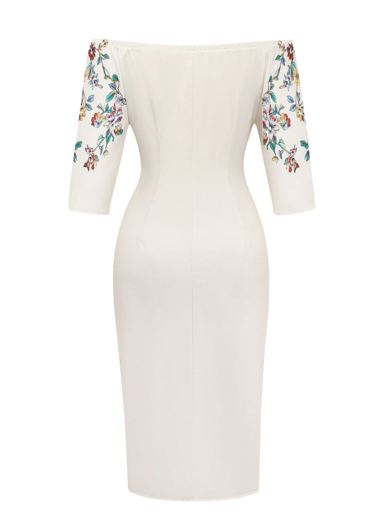 Beige 60er schulterfreies Bodycon-Kleid mit Blumen-Print