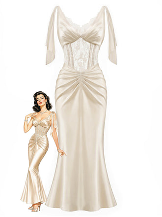 Champagnerfarbenes 30er Satin-Nachtkleid mit Spitze und Korsett-Taille