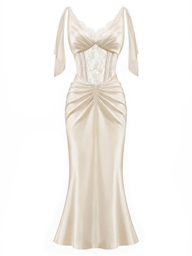 Champagnerfarbenes 30er Satin-Nachtkleid mit Spitze und Korsett-Taille