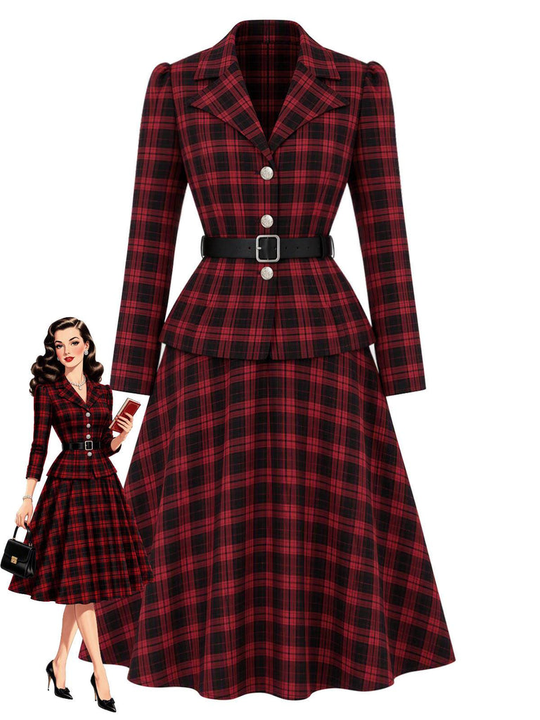 Schwarz-rotes 50er Karo-Blazer & Rock-Set mit Gürtel
