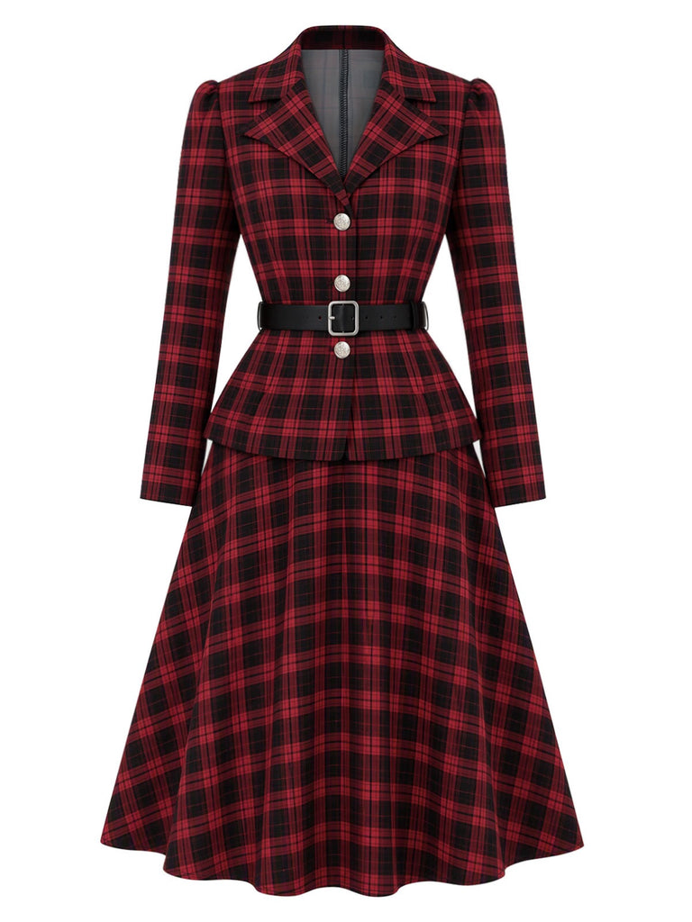 [Vorverkauf] Schwarz-rotes 50er Karo-Blazer & Rock-Set mit Gürtel